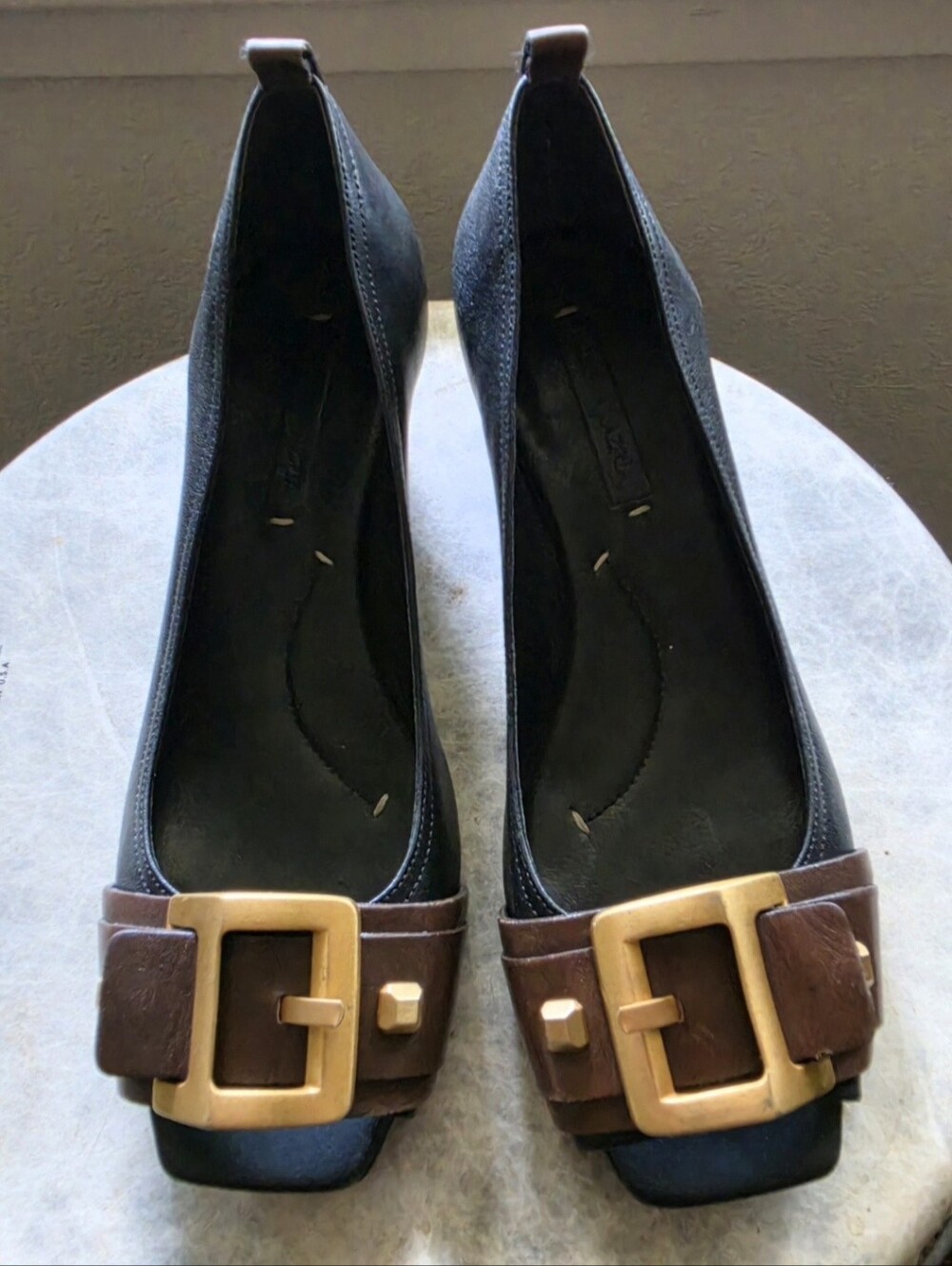 BCBGMAXAZRIA Leather Peep Toe Buckle Wedge Pumps